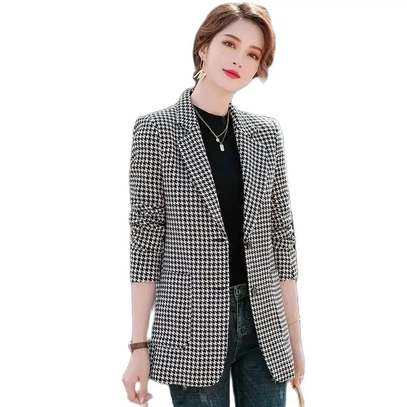 Spring Autumn Casual Suit Jacket Women 2024 New Loose Houndstooth Coat Fashion Blazer Single-Breasted Suits Outerwear Female