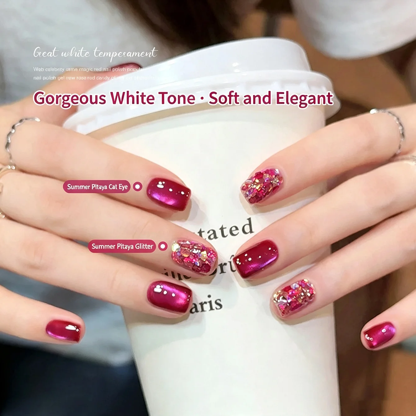 MN Dragon Fruit Cat Eye Glitter Gel Nail Polish Set - 2026 Popular Whitening Glass Bead Super Shiny Sequins Beauty Enthusiasts