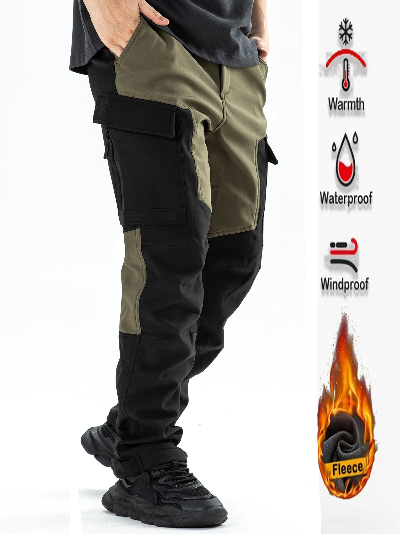 Wear resistant multi bag pants, waterproof and windproof hiking pants, camping pants with thick fleece and warm autumn and winte