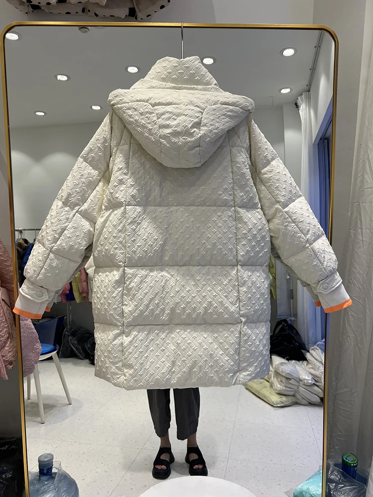 Winter Women 90% White Duck Down Coat Casual Hooded Zipper Long Jacket Female Loose Thick Warm Snow Outwear