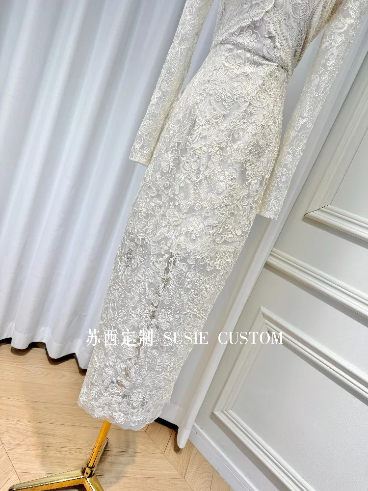 Abito da sera aderente aderente a maniche lunghe in patchwork di pizzo con temperamento elegante stile francese Abito da sera aderente aderente a vita alta Donna Autunno