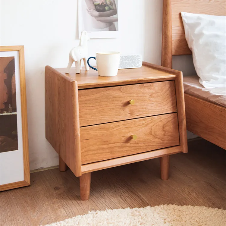 Nordic solid wood bedside table, Japanese log color, simple and modern, bedside two chest
