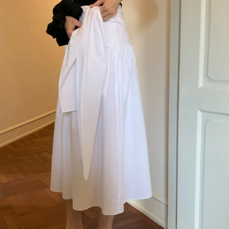 Matakawa Vintage Bandage Long Skirt Solid Korean Fashion Spring Summer Elegant Faldas Mujer A-line High Waist Women Skirts