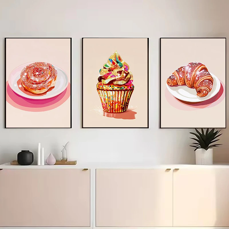Pink Cake Retro Disco Food&Drink Poster Martini Aperol Spritz Croissant Canvas Painting Wall Art Pictures Home Interior Decor
