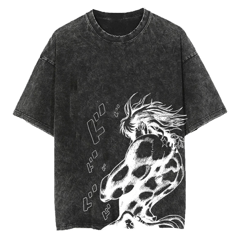 Anime JoJo's Bizarre Adventure Giorno Giovanna Print Washed TShirt Unisex Washed Cotton T-shirts Vintage Tshirt Harajuku Tops