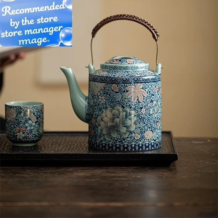 

Ru Kiln Pinch Gold Flowering Like Brocade Lifting Beam Pot Kung Fu Large Capacity Old-fashioned Brewing Teapot Tea Kettle