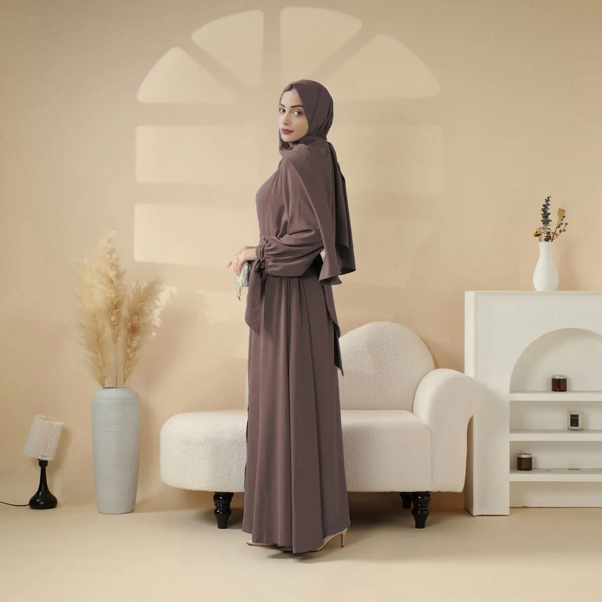 Uni muçulmano cor sólida gravata cintura modesta aberta abaya elegante feminino maxi comprimento vestido roupas islâmicas sem interior sem hjiba