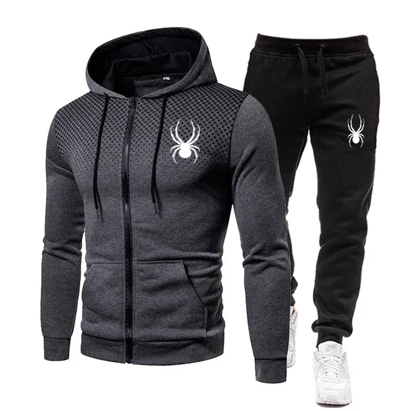 Spring Winter spider print zipper long-sleeved hoodie + stretch waist pants two-piece men's sports jogging fitness suit