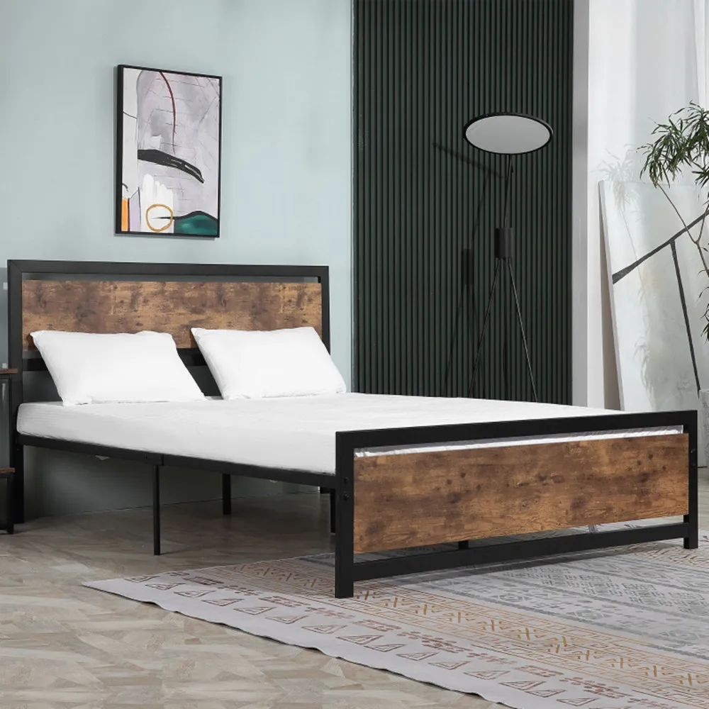 [Flash Sale]Queen Platform Bed Frame with Headboard and Footboard Load-Bearing 880lbs Black & Rustic Brown[US-Stock]