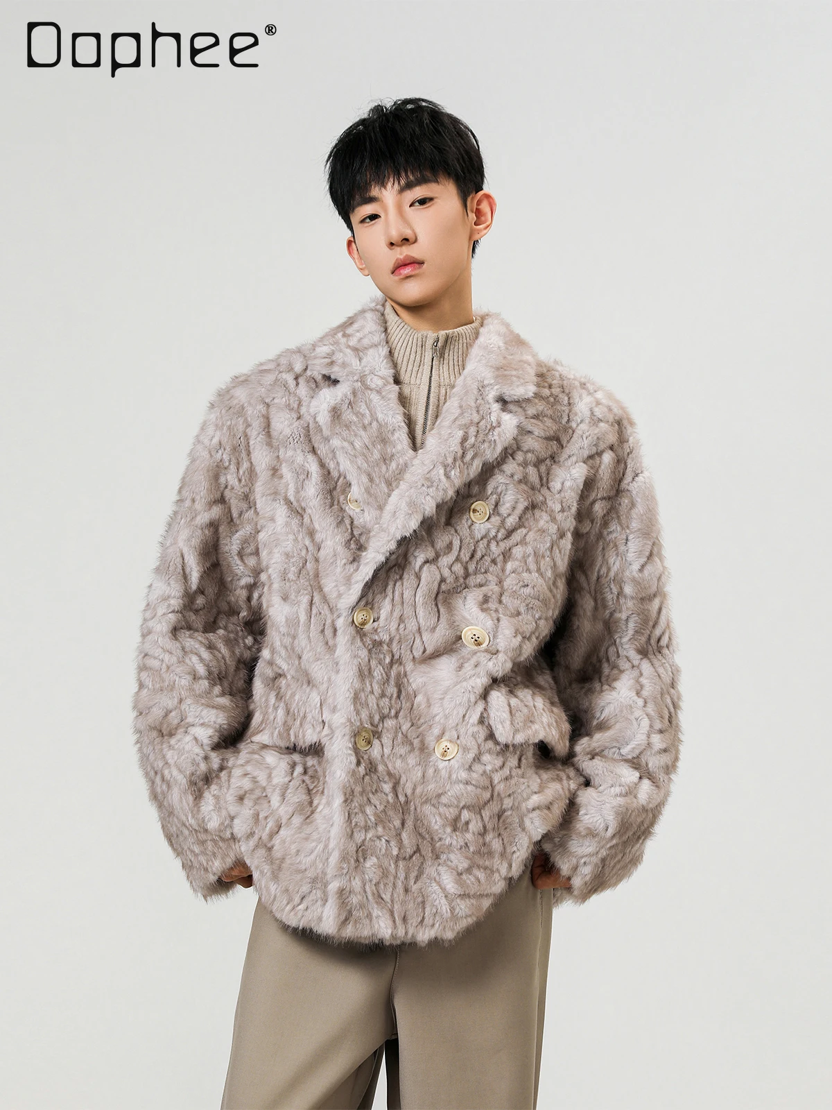 

2025 Winter New Korean Style Light Luxury Retro Men's Lapel Single-Breasted Beige Gray Coffee Color Faux Fur Coat