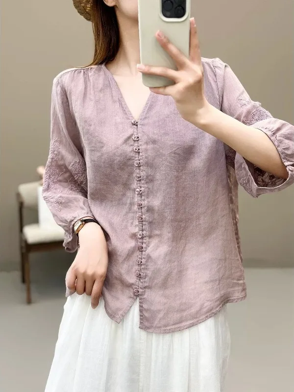 Ele ein Baumwoll-Leinen-gesticktes irt für Damen, Sommer, Übergröße, Bauch, kaschierend, schlankmachend, Seven Sve Damen irt