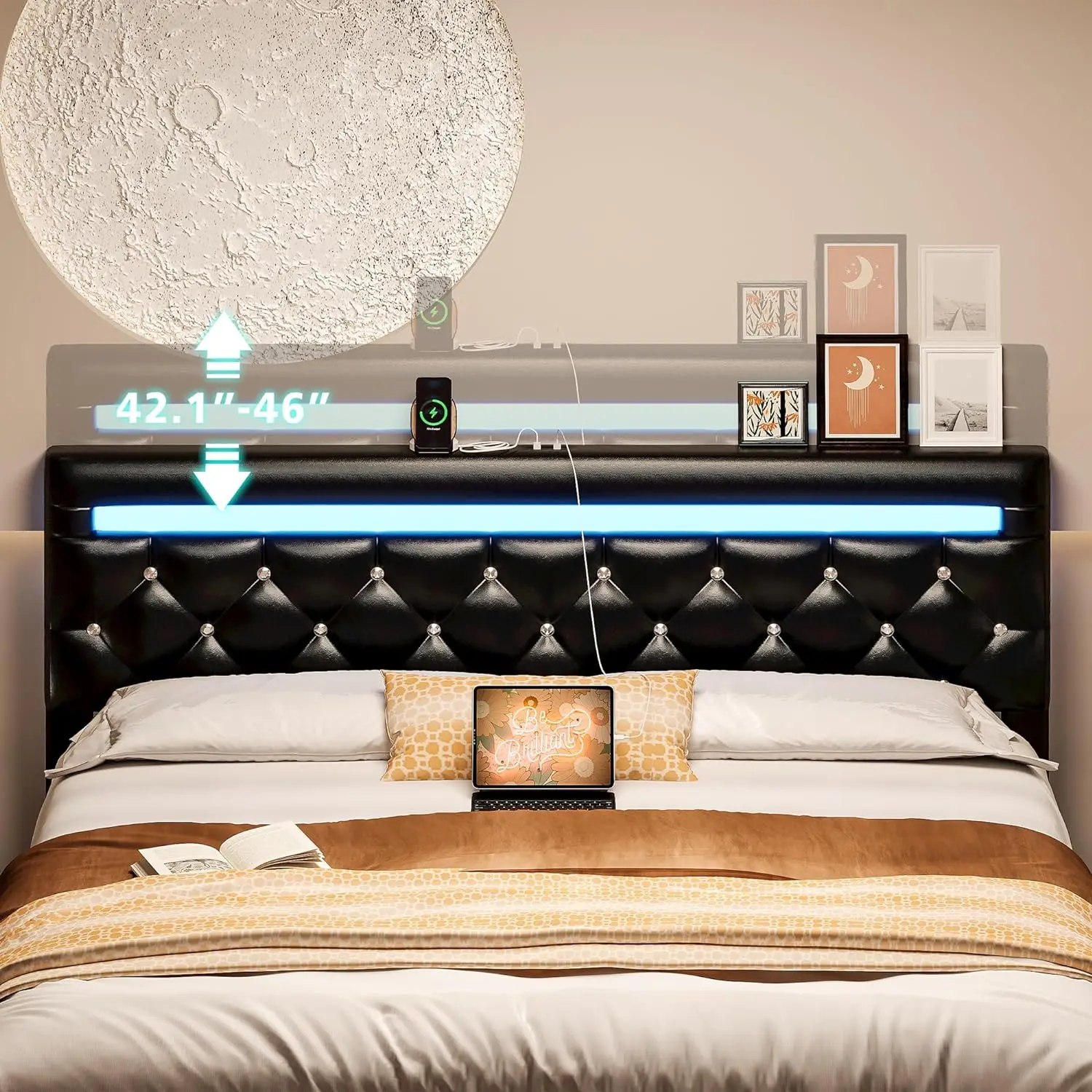 Bedframe W/Led-Verlichting & 4 Opbergladen, Gestoffeerd Platform Bedframe Met Verstelbaar Kristal Knop Pu Lederen Hoofdeinde