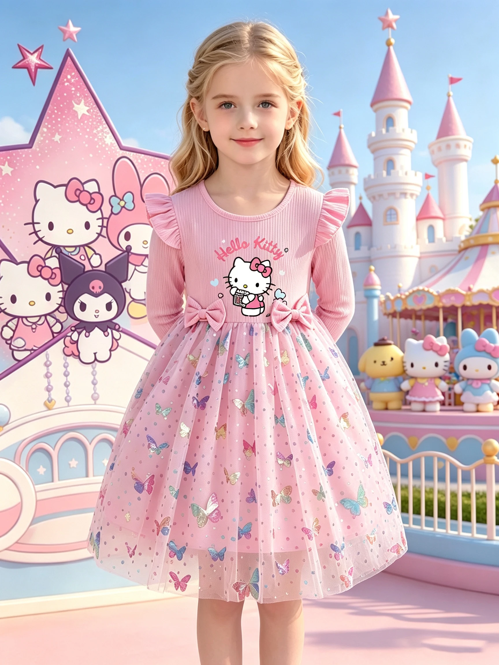 Girls' Cartoon Puffy Princess Dress for Autumn, Pink HelloKitty Bow Birthday Dress for Little Girls
