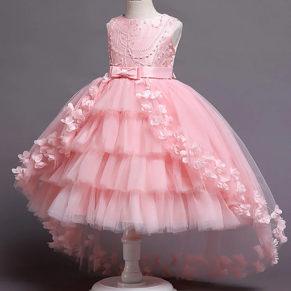 

Baby Lace Pink Princess Tailing Dress For Girl Elegant Birthday Party with Flowers Dress Baby Girl's Christmas Clothes 3-12yrs