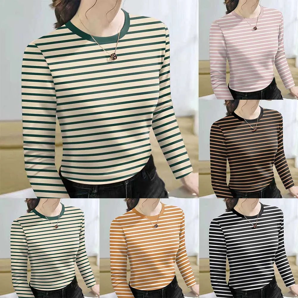 Striped Ladies Loose Fit Plus Size Long Sleeve Top Casual Style Polyester Fabric Suitable for Home and Holiday