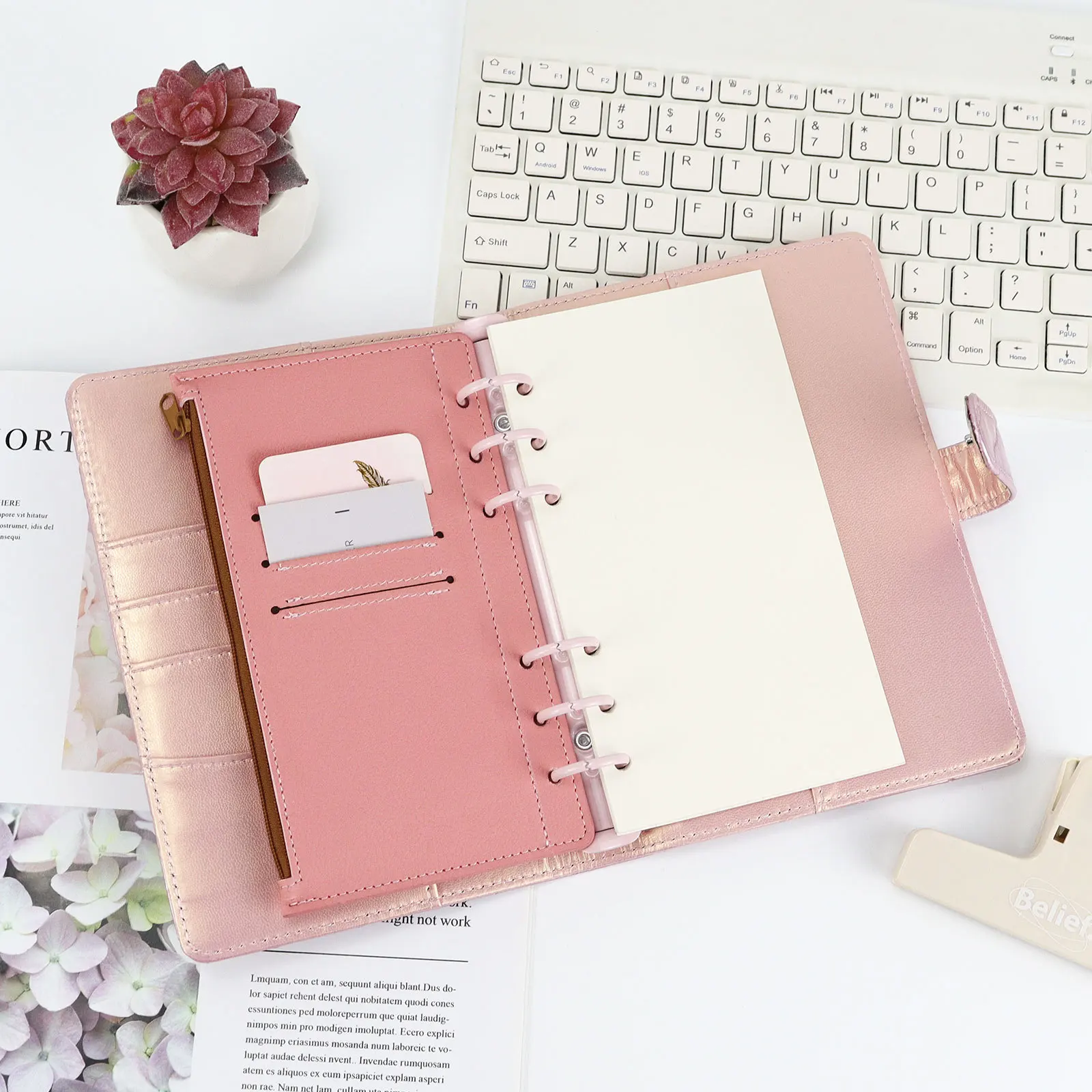 A6 Pink 6-Ring Notebook Binder Loose Leaf Document Filing Bags DIY Document Bag Binder Rings PVC Storage Binding Folder