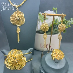 4Pcs Jewelry Set for Women Gold Plated Fashion Necklace Earrings Bracelet Rings Female Luxury Vintage Dubai Wedding Party Gifts