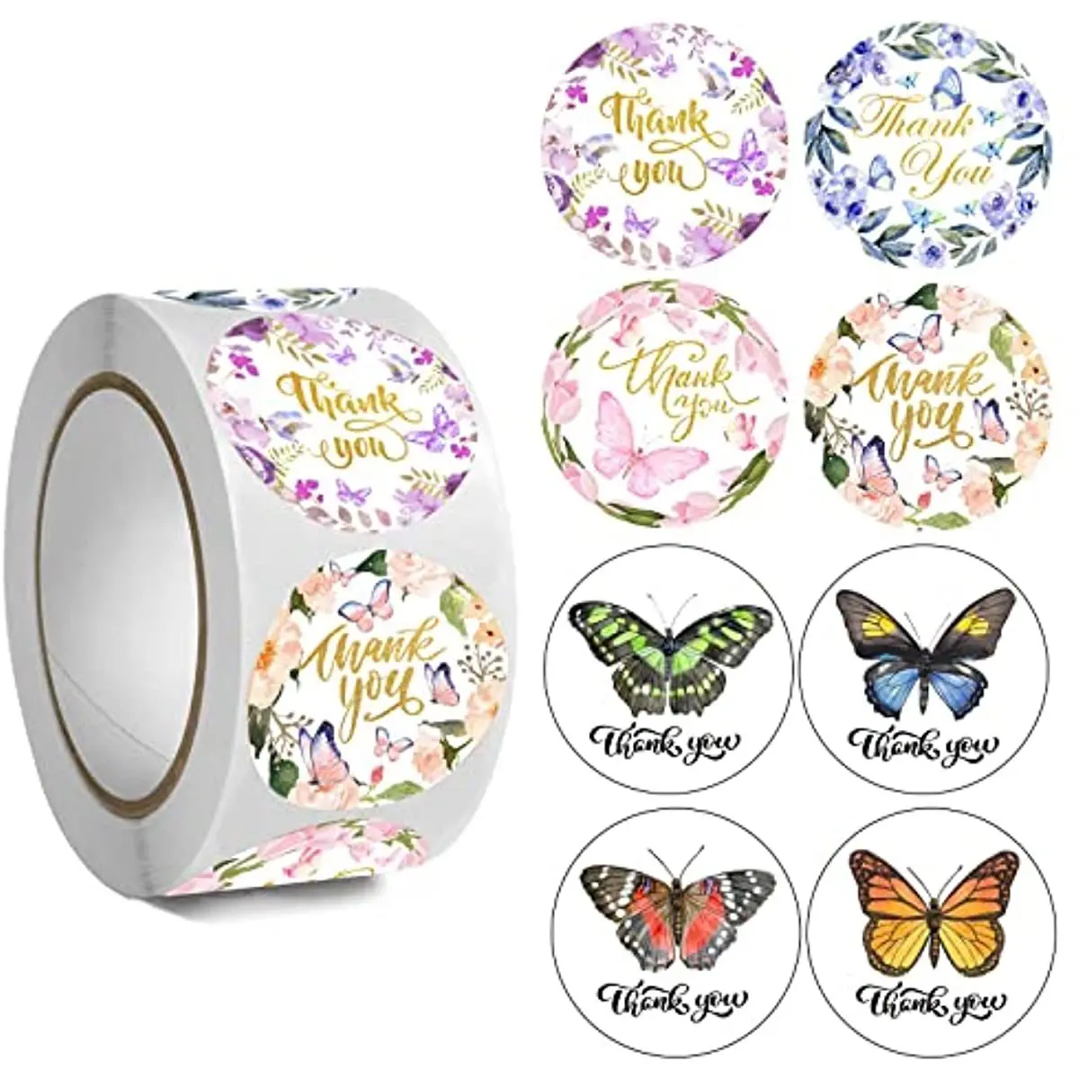 

500pcs /rolls Thank You Stickers Labels Stamps Round Butterfly Multicolor Envelopes Cute Closure Wedding Decoration Sticker