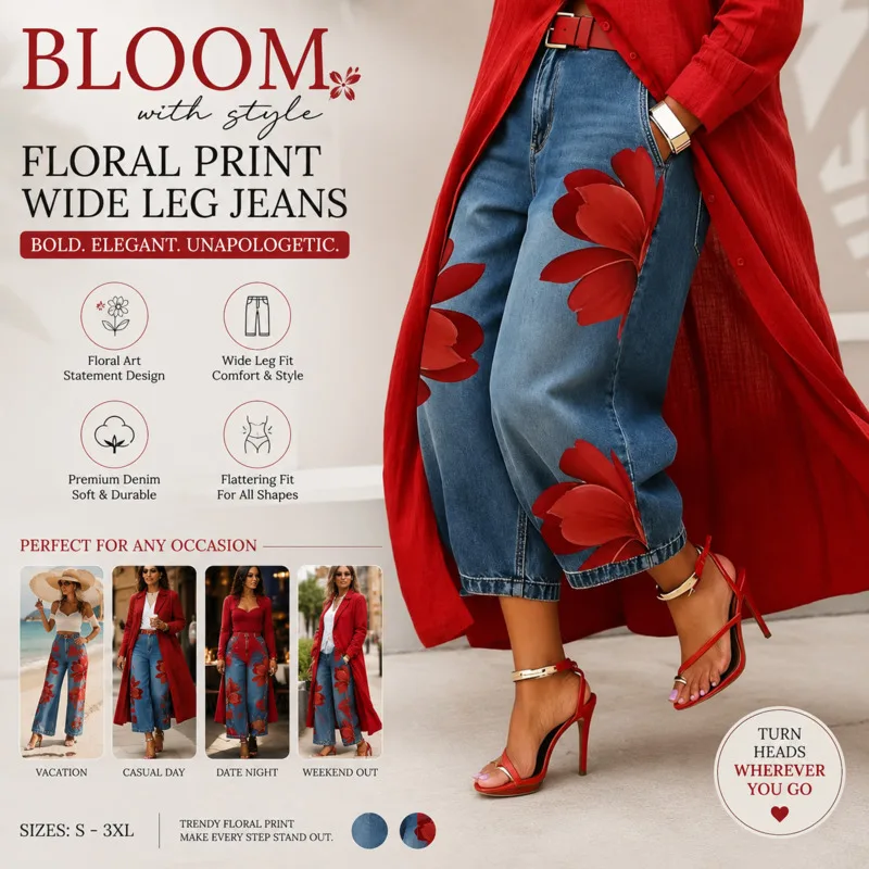 Women Denim Pants Printed Wide Leg Jeans Loose Fit Denim Pants Casual High Waist Straight Trousers Summer Streetwear Gift New