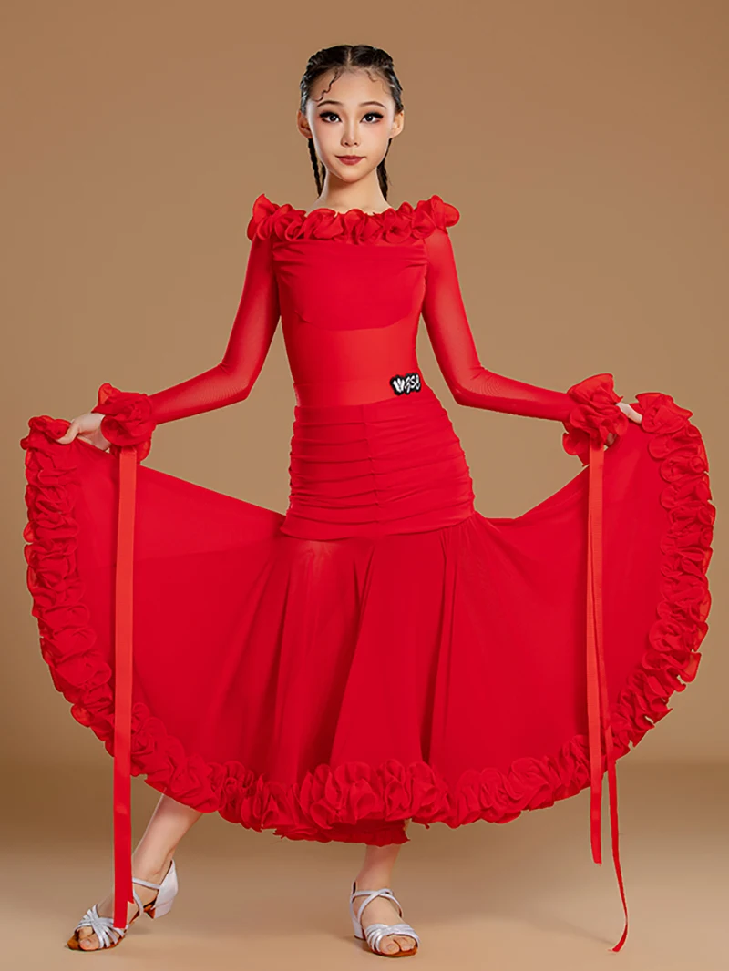 Niños Niñas vals Tango baile de salón vestidos profesionales mono de malla y faldas grandes con volantes trajes de baile modernos