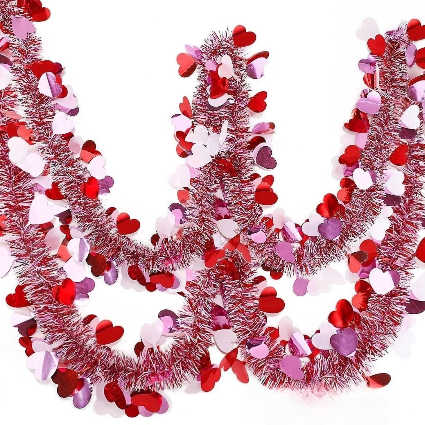 

50pcs/lot Hearts Tinsel Garland Red Pink White Heart Metallic Twist Garlands for Home Wedding Party Window Door Tree Decor 2m