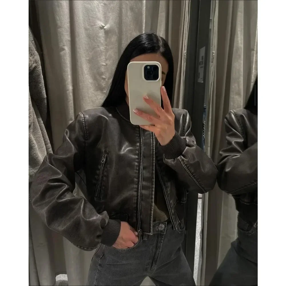 Leather Jacket Spring Women Artificial leather Loose Coat Vintage Stand Collar Gradient Zipper Lady Locomotive Style Chic Coat