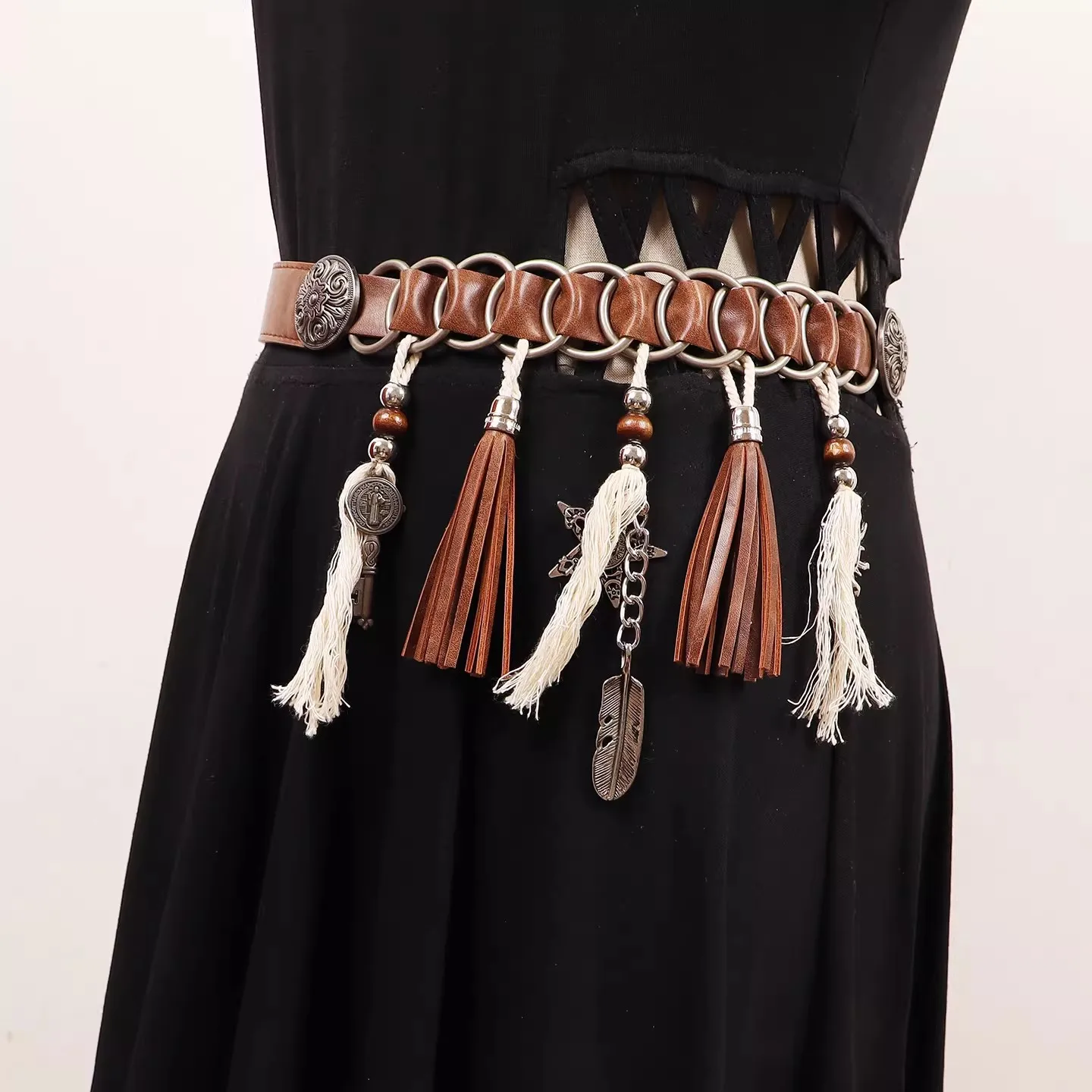 Women's Vintage PU Leather Tassel Retro Cummerbunds Female Dress Corsets Waistband Belts Decoration Wide Belt R2529