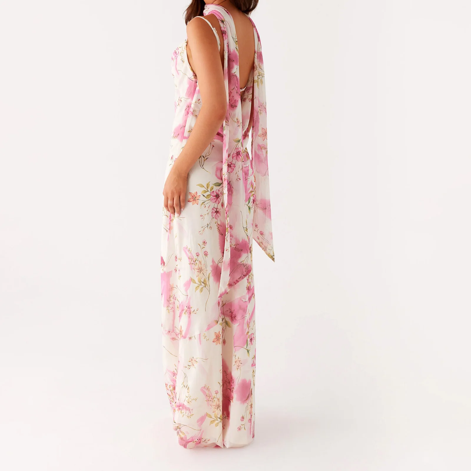 Combhasaki Women Elegant Floral Print Adjustable Thin Spaghetti Strap Sleeveless Summer Casual Cami Long Dress with Choker Scarf