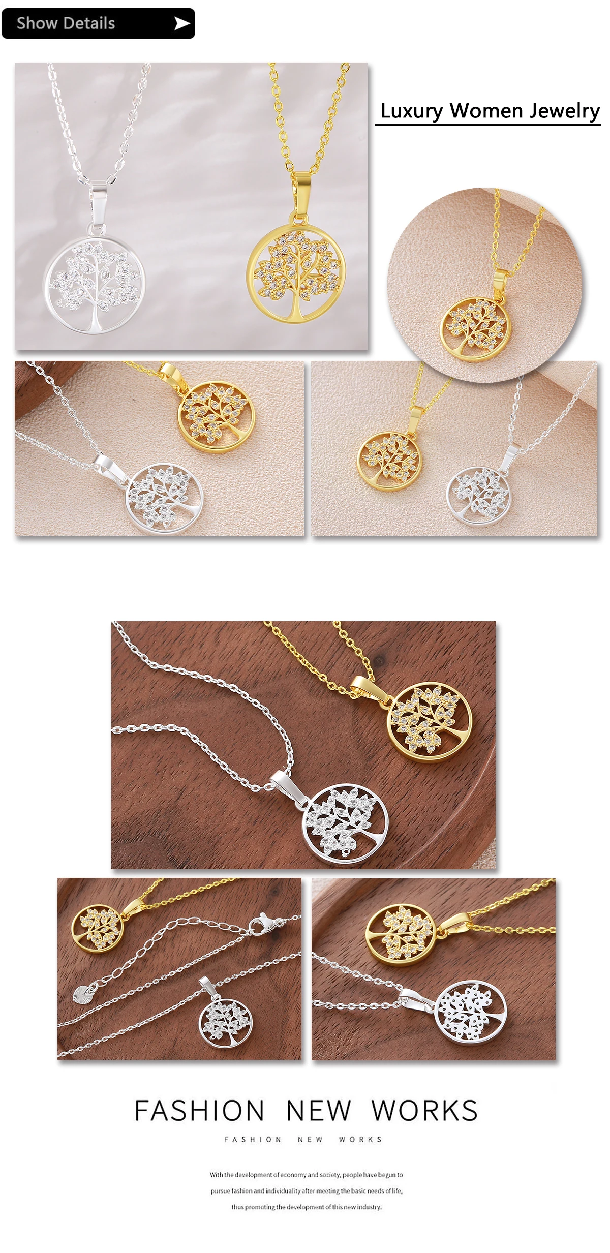 MHS.SUN Halsketten mit hohlem, kubischem Zirkon-Anhänger „Baum des Lebens“, klassische runde, vergoldete Kette, Partyschmuck für Damen und Herren – Detail 17