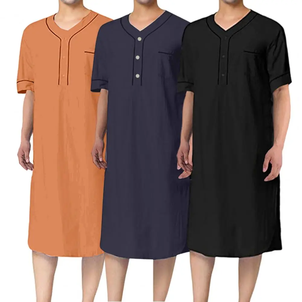 

Men Nightgown Comfortable Men's V-neck Nightgown with Patch Pocket Short Sleeve Mid-calf Length for Leisure Home Wear Sleep Robe