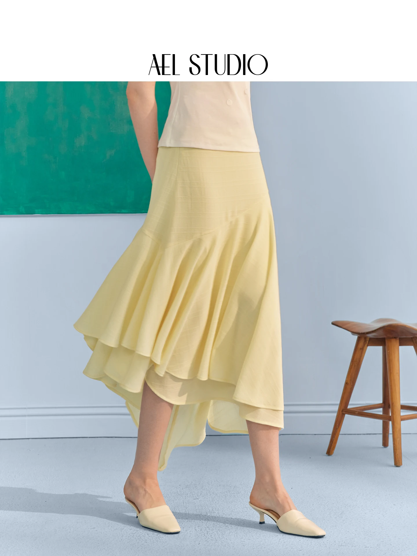 

Оригинальная асимметричная полуюбка AEL с высокой талией, женская летняя новая желтая юбка для похудения с цветочным кружевным подолом, элегантный стиль