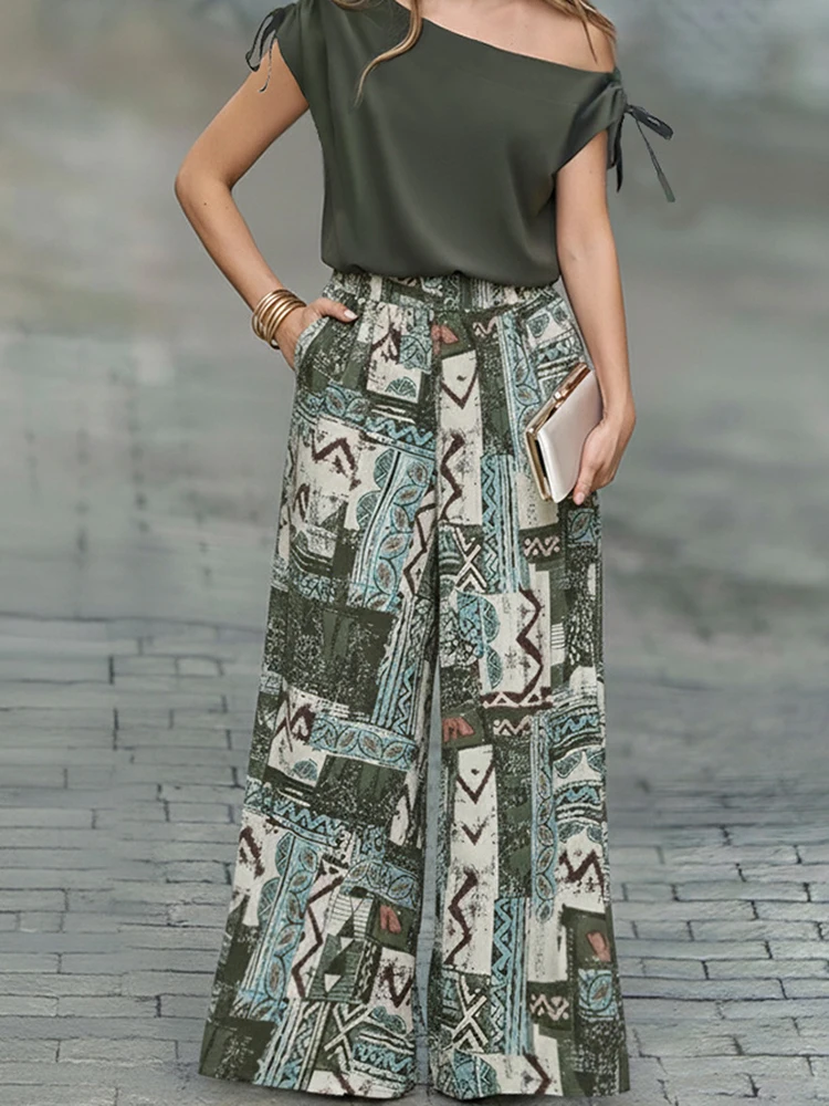 Zomer Dame Nieuwe Losse Geplooide Vakantie Outfits Sexy Slash Kraag Tops & Gedrukt Broek Sets Casual Dames Pendelen Tweedelige sets