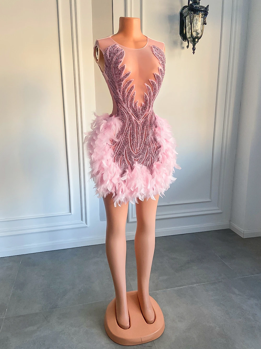Luxury Sheer Neckline Women Cocktail Dress Pink Feather Black Girl Short Prom Dresses 2025 For Birthday Party image 5