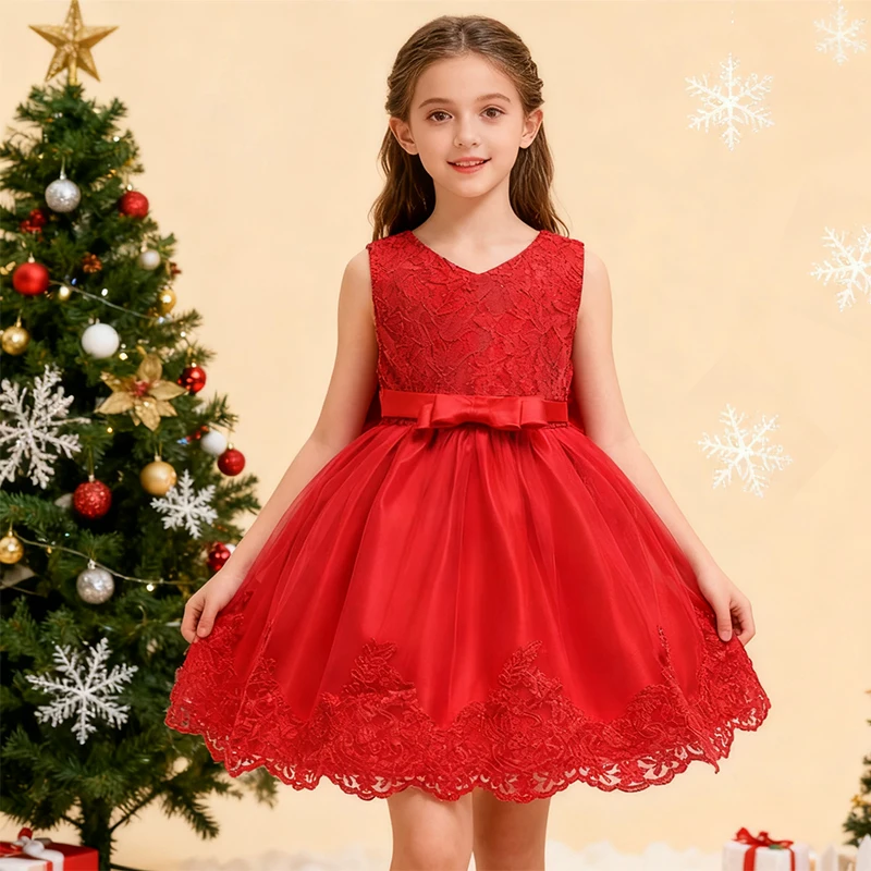 Kinder Weihnachtskostüm Spitze Rot Hochzeitskleid für Mädchen Partykleider Große Schleife Mädchen Prinzessin Kleid Geburtstagskleid 0-6 Jahre