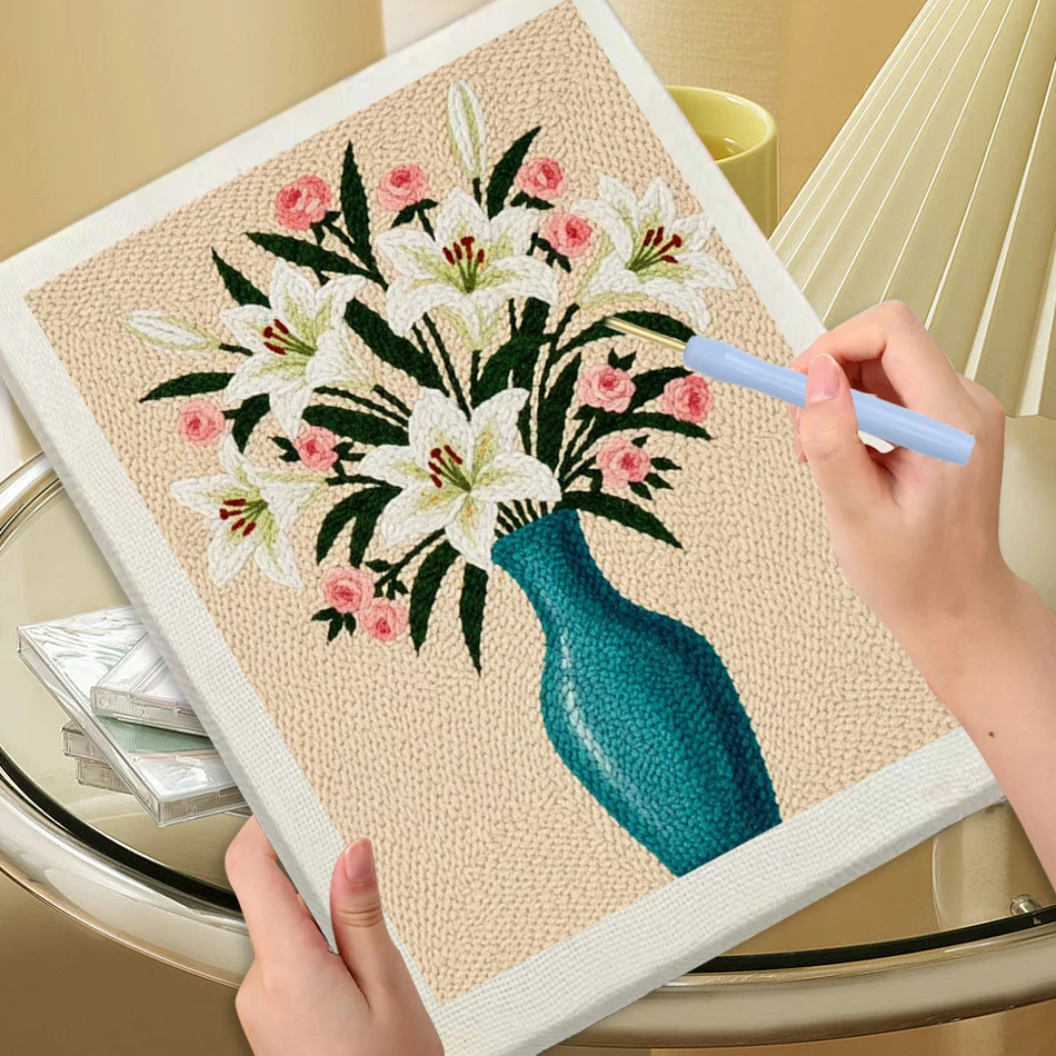 

Flowers Vase Punch Needle Kit Gift Embroidery Patterns Flower 25x30cm Beginner Embroidery Kits Picture Hobby Kits