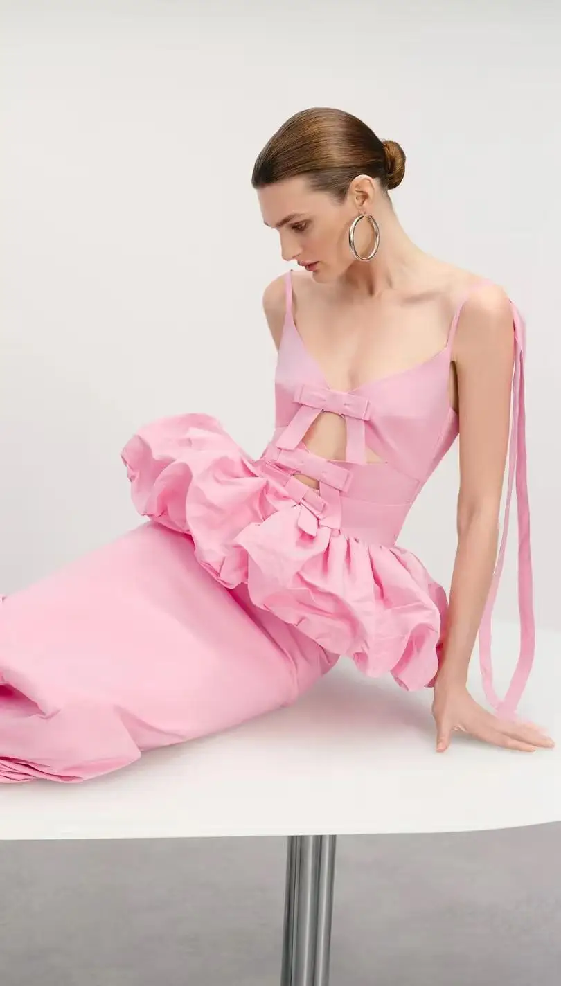 New Collection Prom Dress Spaghetti Ruffle Peplum Evening Party Dresses Bow Chic Design Pink Formal Gown Long Custom Made