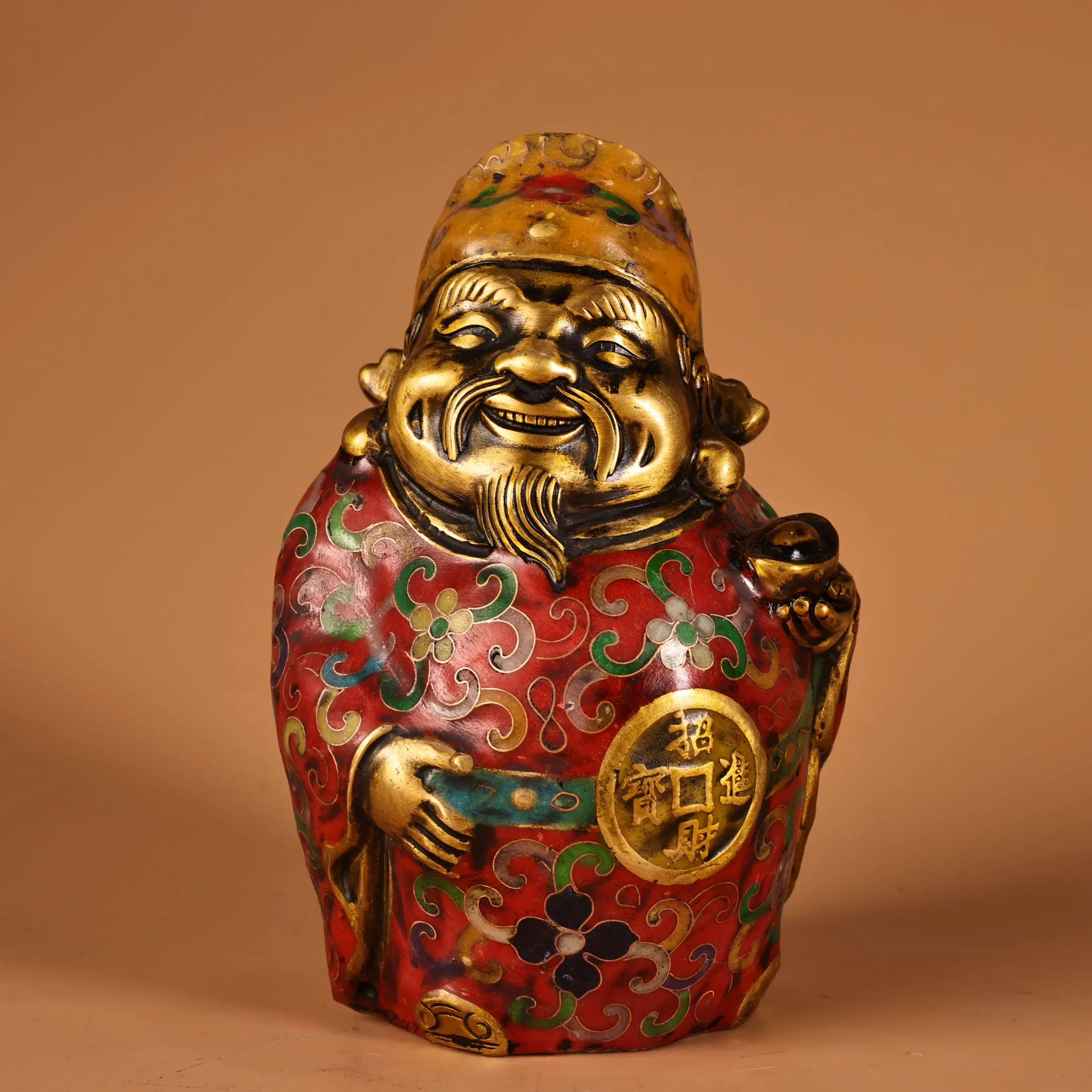 Old Bronze Cloisonne Enamel floral pattern Yuanbao Coin God of Wealth immortal landlord Rich people symbolize