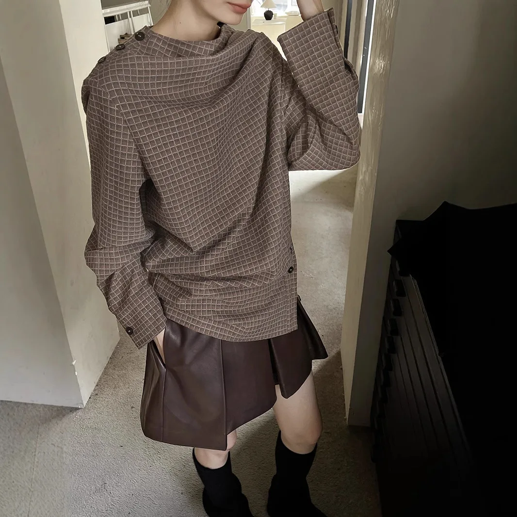 UMI MAO Winter New Top Femme Korean Retro Thick Brushed Contrasting Color Grid Irregular Swinging Collar Shirt For Women