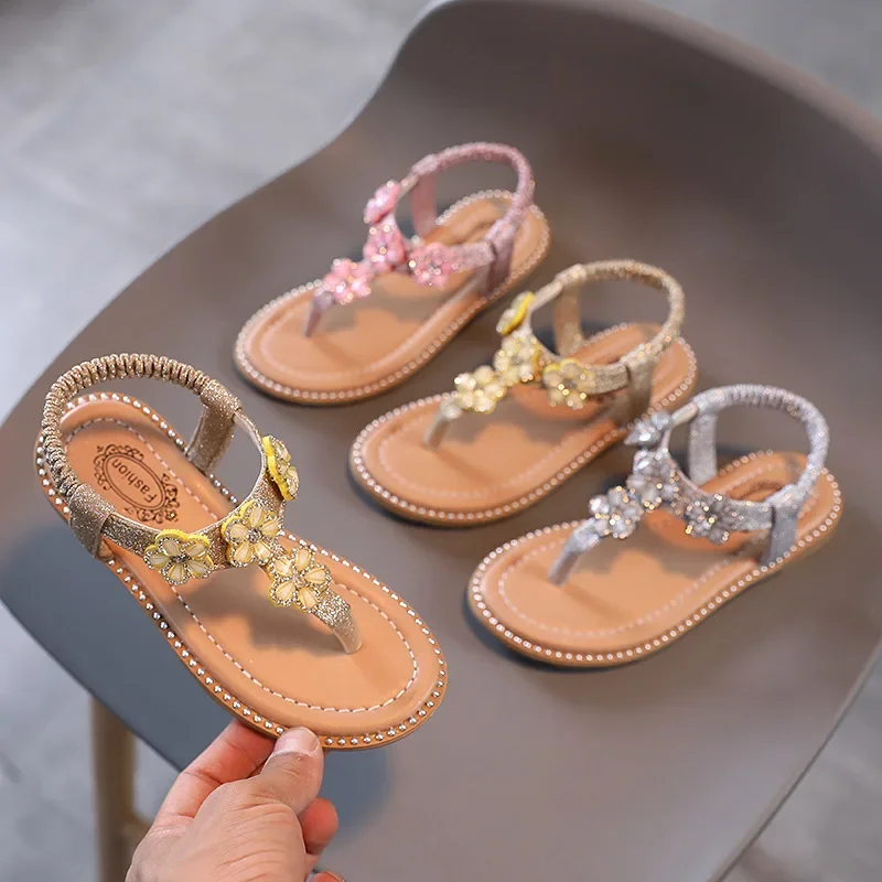 Little Girl Sandal Summer Rhinestone Flower Children Princess Clip-toe Beach Sandals Fashion Sequins Kids Causal Flat Flip Flops