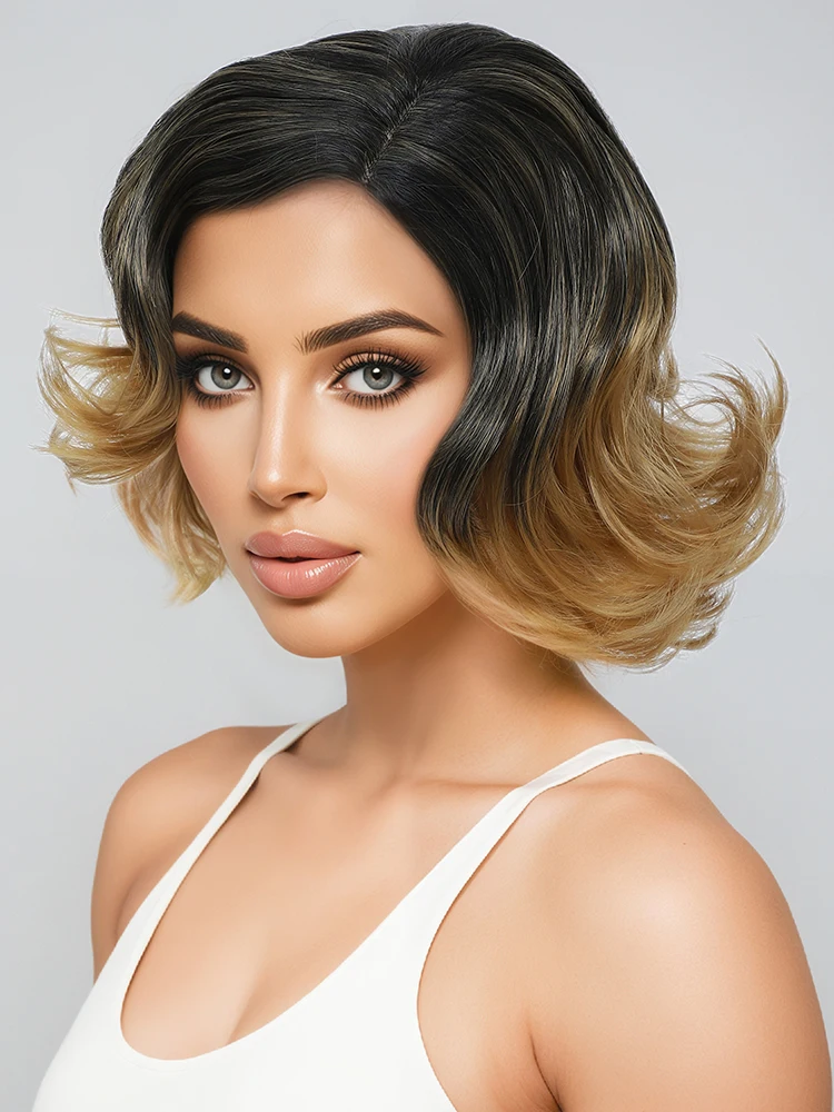 باروكة بمزاج أوروبي وأمريكي، باروكة شعر قصيرة مجعدة متدرجة للسيدات من الألياف الاصطناعية