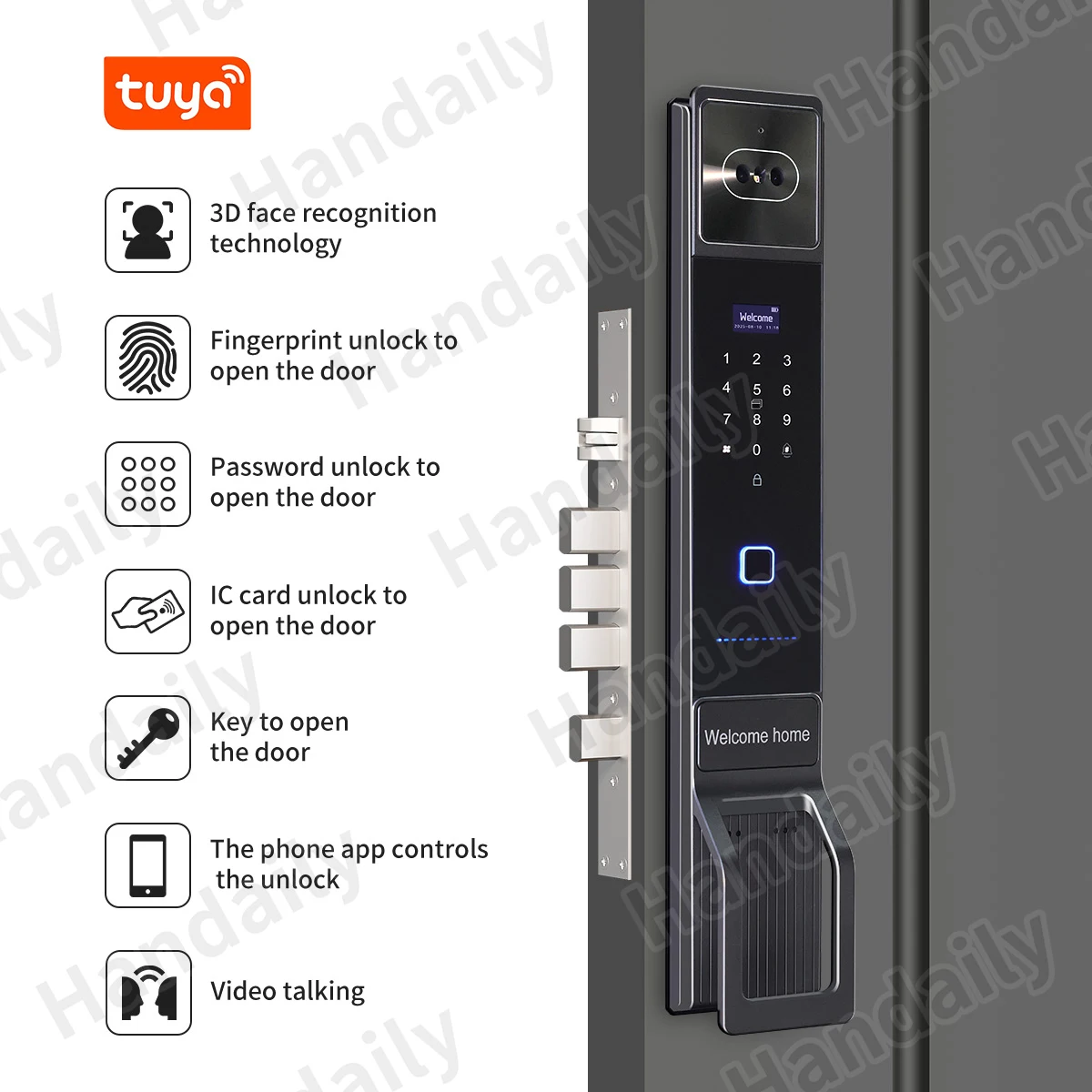 HanDaily Facial Recognition Video Intercom Door Lock 3D Liveness Detection Fingerprint Remote Unlock Tuya App for Front Door
