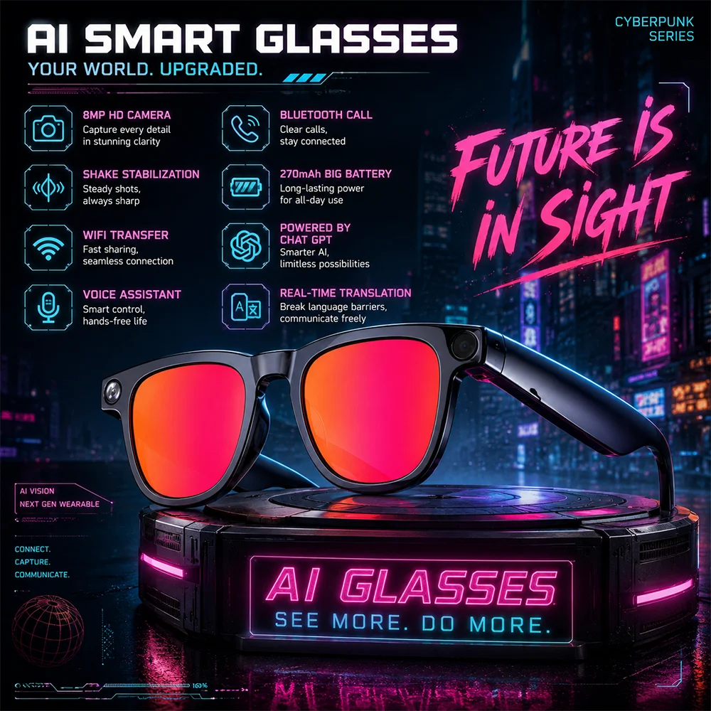 

Wireless Call Music Smart Glasses New 2026 AI Office Assistant Translation 800W HD Camera Photo Video Recording Smart Eyewear