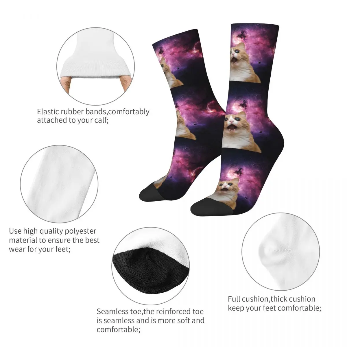 Calcetines de invierno cálidos con diseño de gato loco para hombre y mujer, medias de tubo medio transpirables divertidas de galaxia espacial