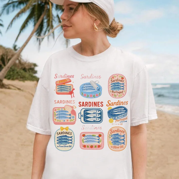 Sardine Can Pattern Basic Clothing Cartoon Printed Sweet Top Regular Funny White Short Sleeve Travel Summer Ladies T-Shirt