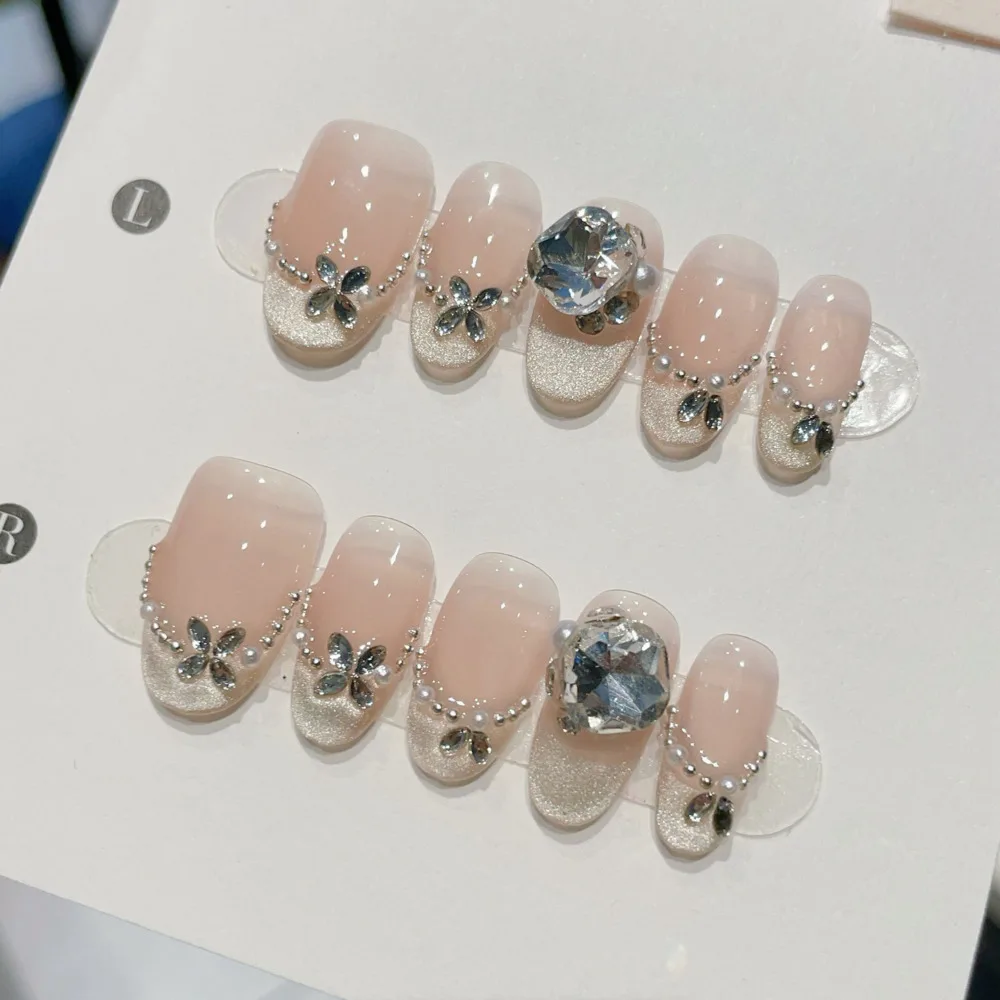 

New Handmade Wearable Nails Pure Desire Style Simple Cat Eye Nail Stickers Finished Nude Pearl White Removable