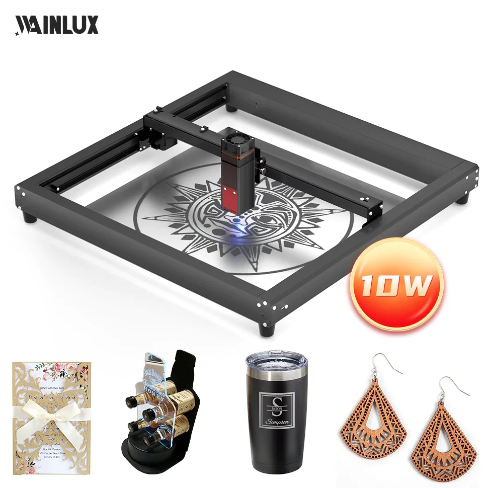 WAINLUX-máquina de grabado láser de 80W, módulo de corte de 10W, enfoque fijo, 400x400mm para Metal, madera y plástico