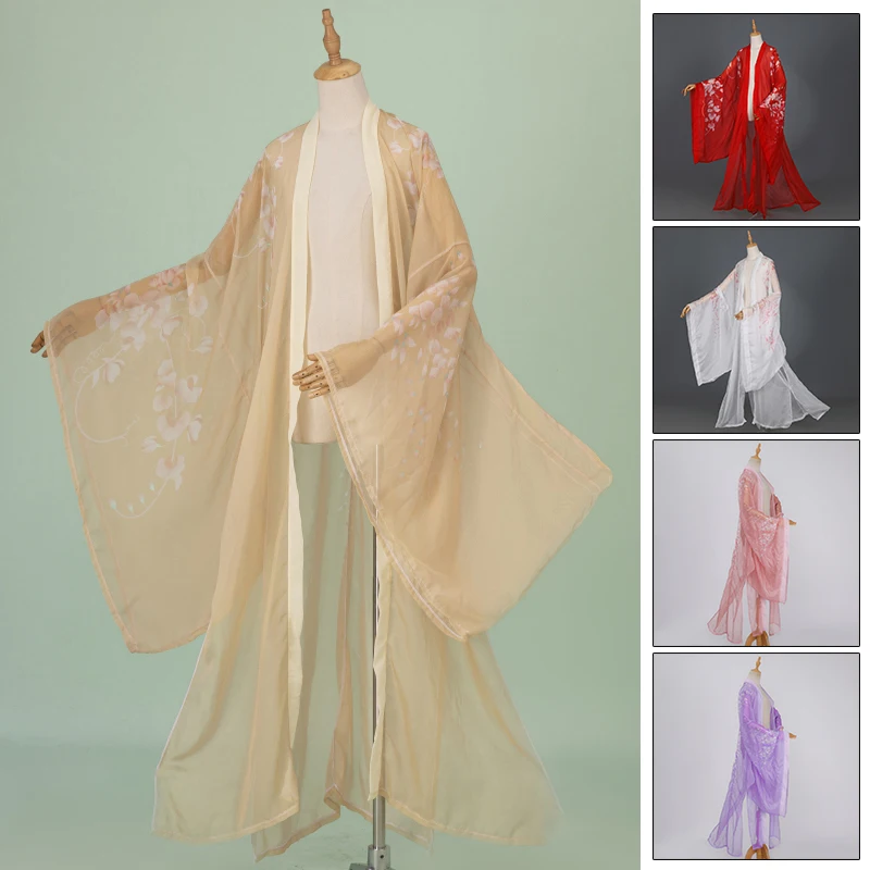 Chinese Hanfu Cardigan Floral Chiffon Wide Sleeved Cloak Coat Classical Folk Dance Stage Tops Chinese Ancient Cosplay Costume