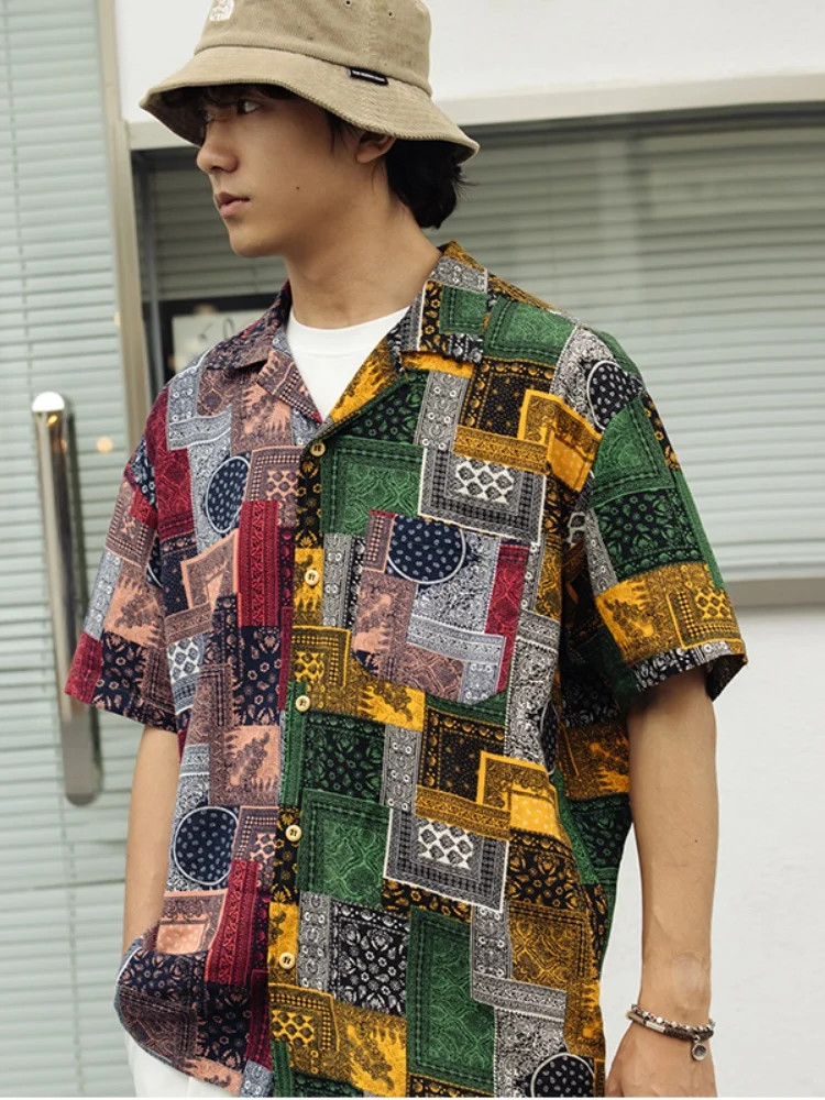 

American Retro Vintage Plaid irt Men's ort Sve Summer Thin Hawaii Beach irt Loose Fit Printed Youth Faion Breathable