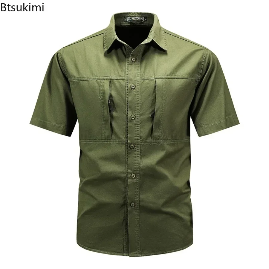 Nuevas camisas tácticas de manga corta 100% de algodón para hombre, camisa Cargo multibolsillos para exteriores de verano, camisetas de trabajo para