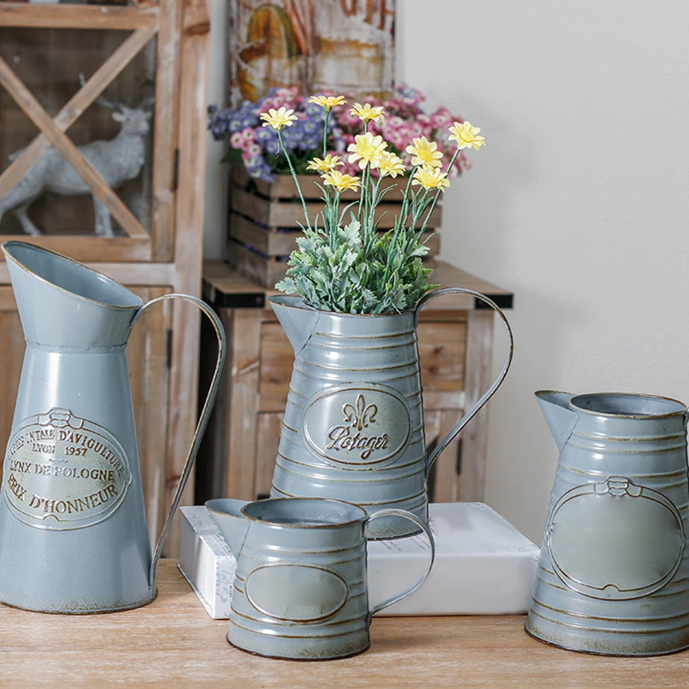 

Iron Flower Pot Vase Decorative Holder Retro Bucket Tinplate Small Pitcher Artificial Flowers Home Decor Rustic Wedding